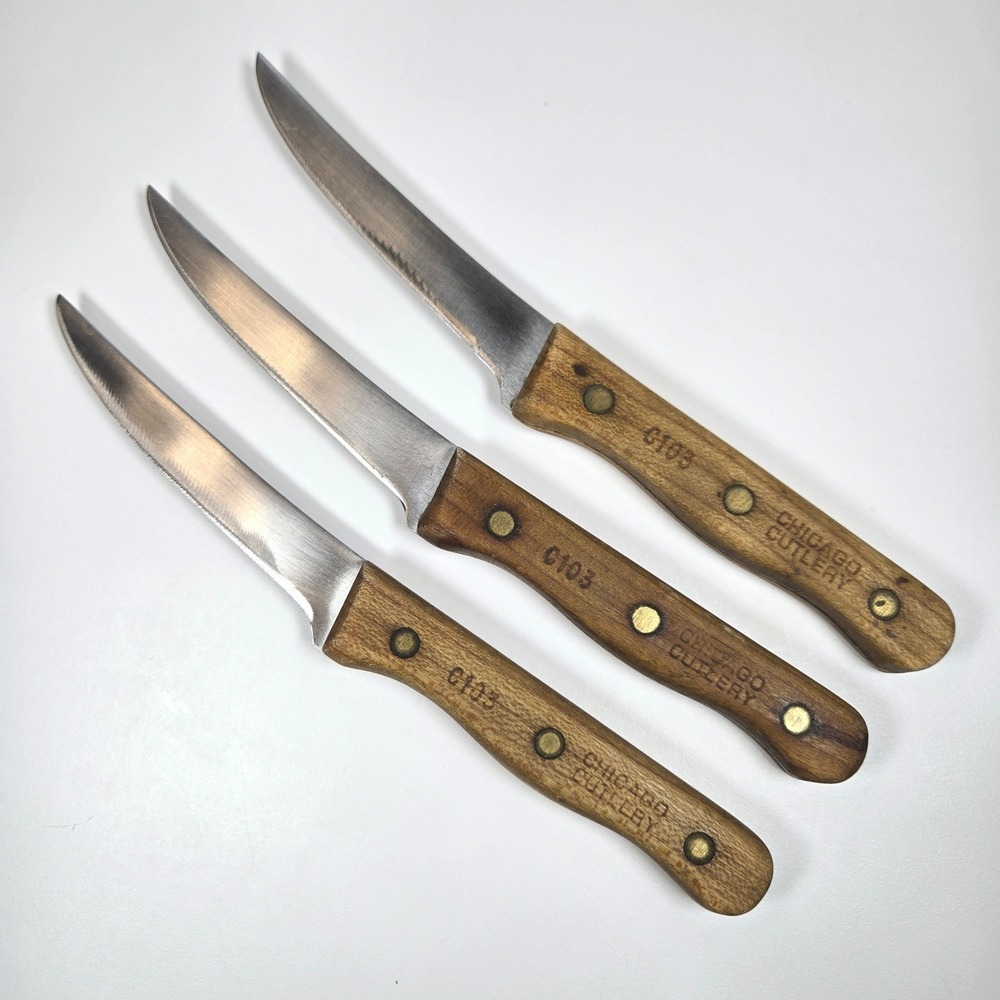 Chicago Cutlery C103 Steak Knives Set of 3 Wood Handle Brass Rivets USA Made